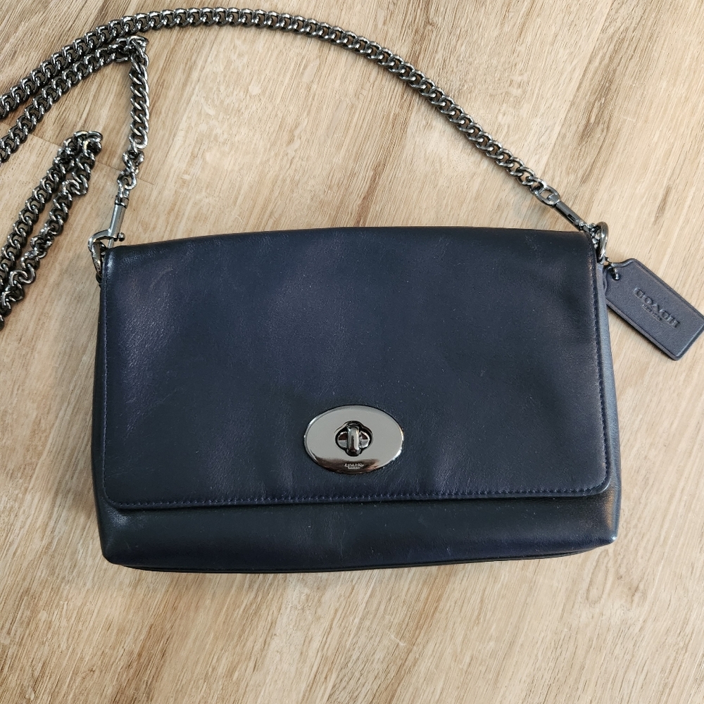 Coach Navy Blue Smooth Leather Crosstown Clutch Chain Crossbody Purse - Picture 3 of 8